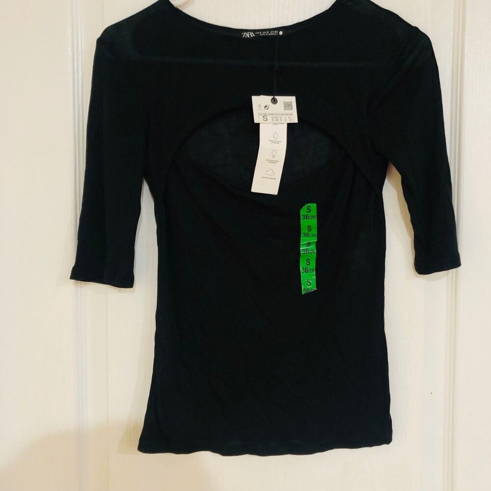 Zara Women's Black Cutout Ribbed Knit Top 3/4 Sleeve‎ Size Small NWT